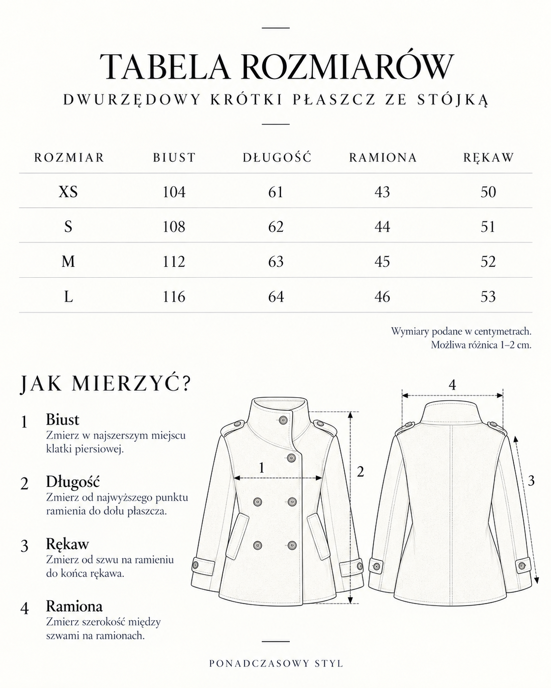Krótki płaszcz dwurzędowy ze stójką