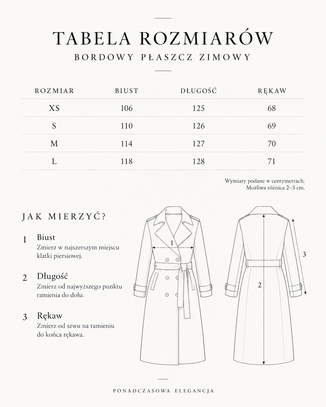 Bordowy płaszcz zimowy z paskiem