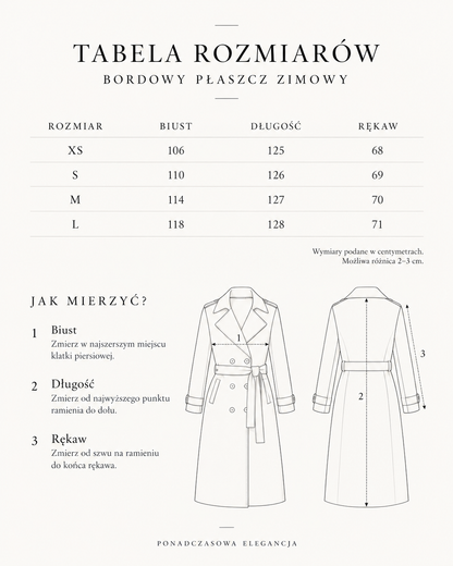 Bordowy płaszcz zimowy z paskiem