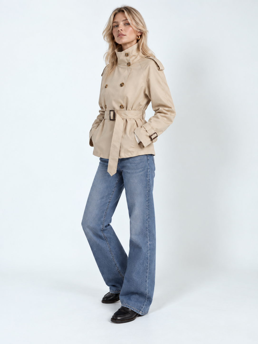 Womens Double Breasted Belted Trench Coat