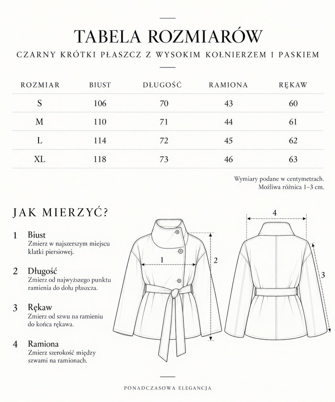 Czarny płaszcz z wysokim kołnierzem i paskiem