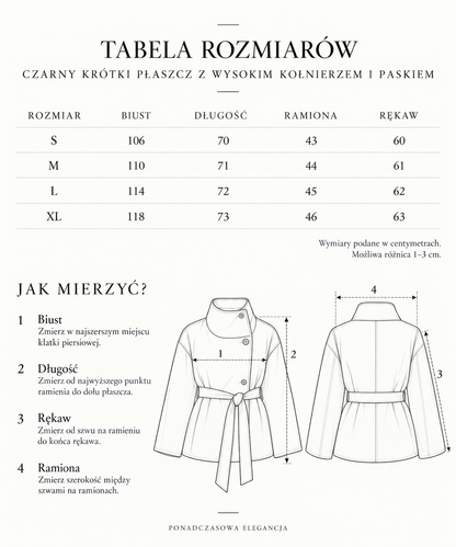 Czarny płaszcz z wysokim kołnierzem i paskiem